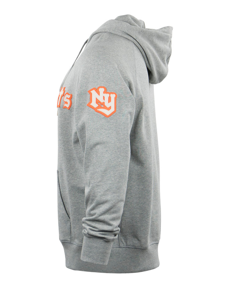 Side view of the EFF New York Knights French Terry Script Hooded Sweatshirt in gray, featuring orange and white lettering on the chest and sleeve, and a stylized NY on the upper arm—a tribute to Roy Hobbs from The Natural.
