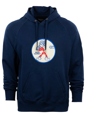 The EFF Reddy Kilowatt French Terry Script Hooded Sweatshirt in navy blue features a front pocket and a bear graphic with RENT KILOJAY text—ideal for fans of electric power or the classic Reddy Kilowatt mascot.