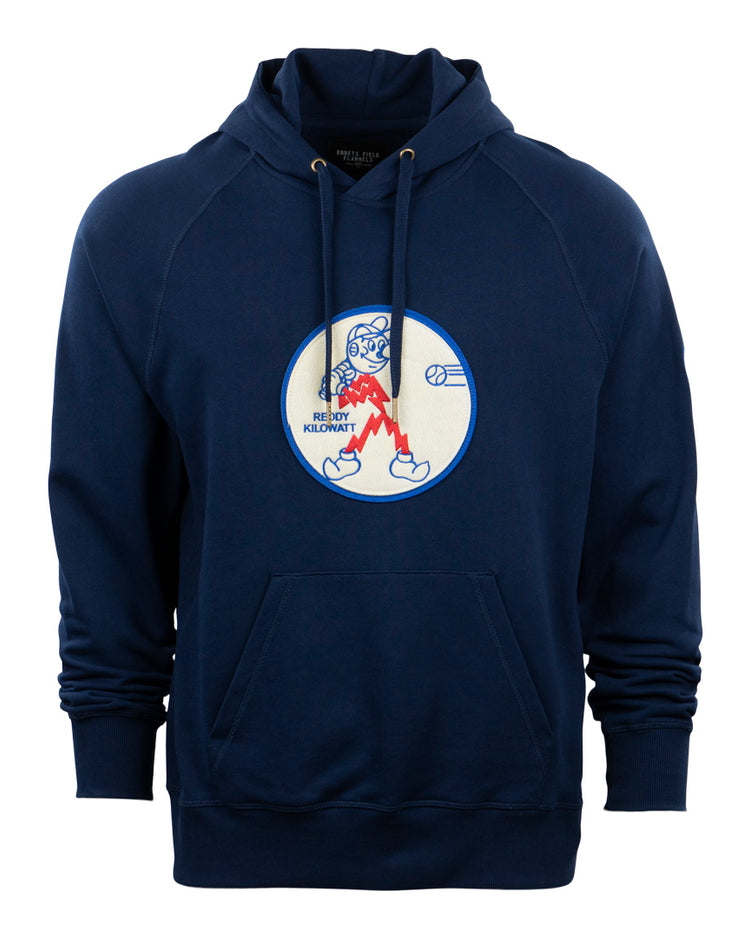 The EFF Reddy Kilowatt French Terry Script Hooded Sweatshirt in navy blue features a front pocket and a bear graphic with RENT KILOJAY text—ideal for fans of electric power or the classic Reddy Kilowatt mascot.