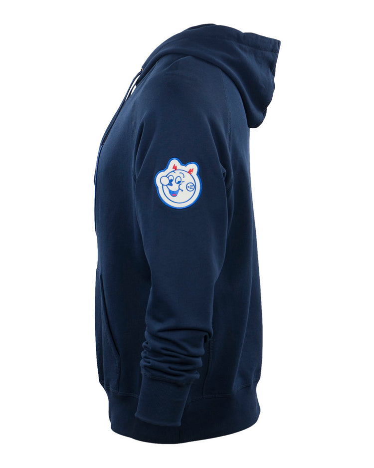The EFF Reddy Kilowatt French Terry Script Hooded Sweatshirt in navy blue features a cartoon cat face patch with red and blue accents on the upper sleeve, inspired by vintage electric power mascots like Reddy Kilowatt.