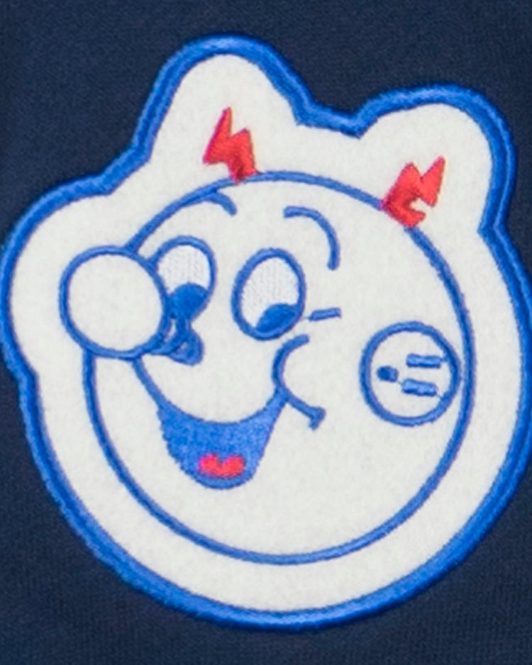 The EFF Reddy Kilowatt French Terry Script Hooded Sweatshirt in navy blue features the iconic smiling Reddy Kilowatt cartoon with blue outlines, red lightning bolts, and a big nose, symbolizing electric power on a dark background.