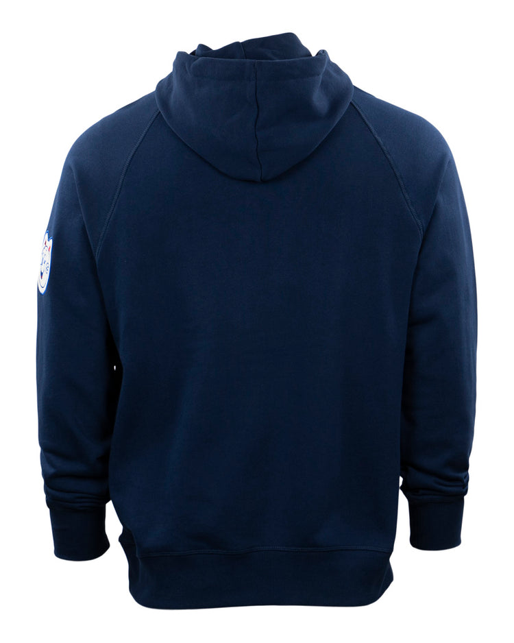 The EFF Reddy Kilowatt French Terry Script Hooded Sweatshirt in navy blue is shown from the back, featuring long sleeves, ribbed cuffs and hem, and a small Reddy Kilowatt patch on the upper left sleeve.