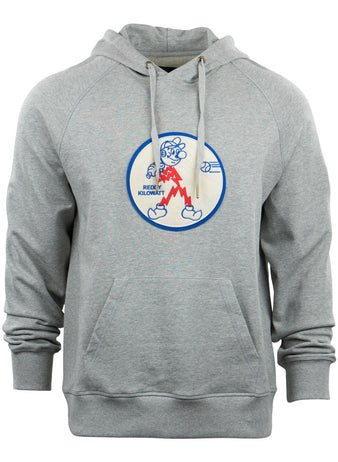 The EFF Reddy Kilowatt French Terry Script Hooded Sweatshirt in gray features a front pocket, white drawstrings, and a cartoon bear graphic inspired by Reddy Kilowatt with Rexy Kilowatt text and a red zigzag electric pattern.