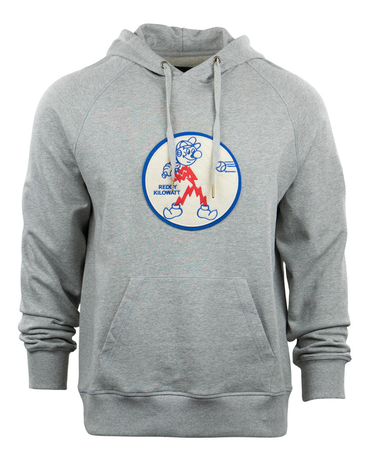 The EFF Reddy Kilowatt French Terry Script Hooded Sweatshirt in gray features a front pocket, white drawstrings, and a cartoon bear graphic inspired by Reddy Kilowatt with Rexy Kilowatt text and a red zigzag electric pattern.