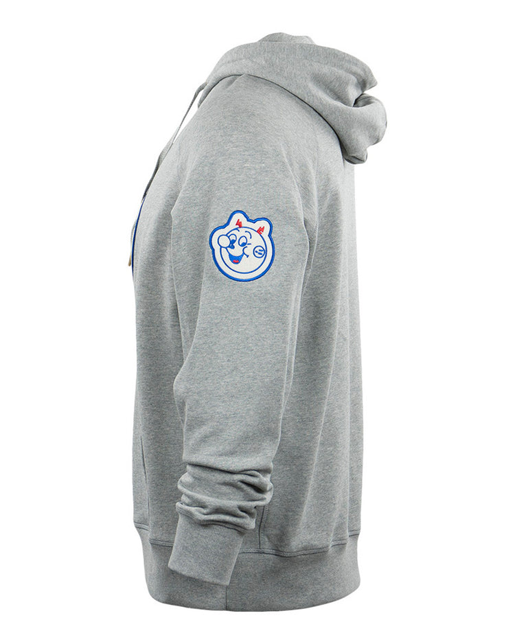 The EFF Reddy Kilowatt French Terry Script Hooded Sweatshirt in gray features a side cartoon bear patch with blue and orange accents, inspired by Reddy Kilowatt. Includes a front pocket and drawstring hood.