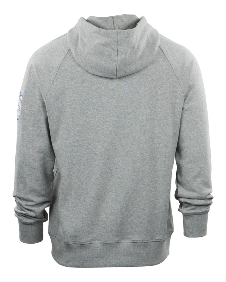 The EFF Reddy Kilowatt French Terry Script Hooded Sweatshirt in gray features long sleeves, ribbed cuffs and hem—perfect for fans of Reddy Kilowatt and safe electricity advocates.