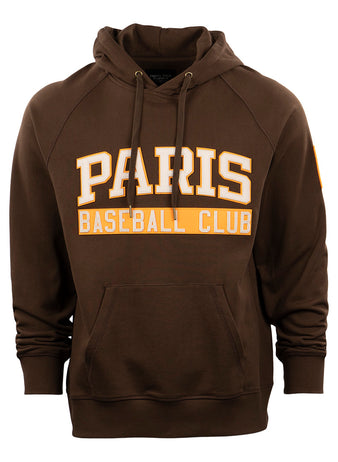 The EFF Paris Red Peppers French Terry Script Hooded Sweatshirt features a front pocket and bold script across the chest, offering stylish comfort for fans of Paris Texas sports.