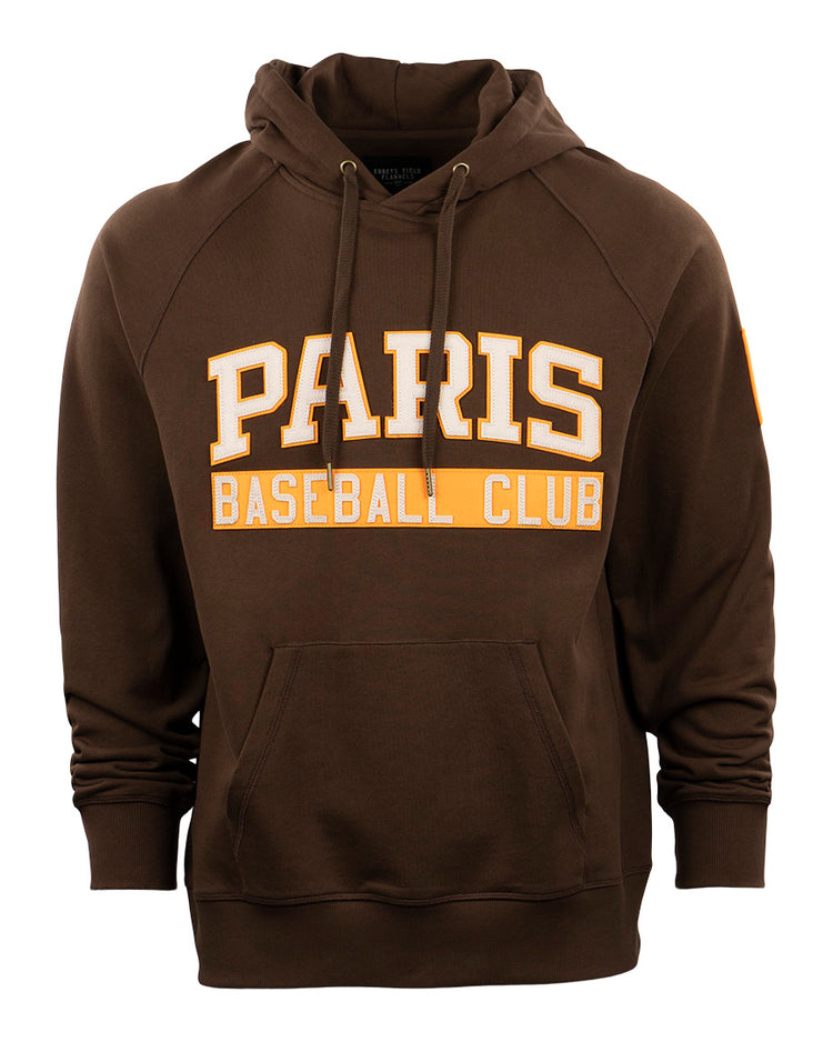 The EFF Paris Red Peppers French Terry Script Hooded Sweatshirt features a front pocket and bold script across the chest, offering stylish comfort for fans of Paris Texas sports.