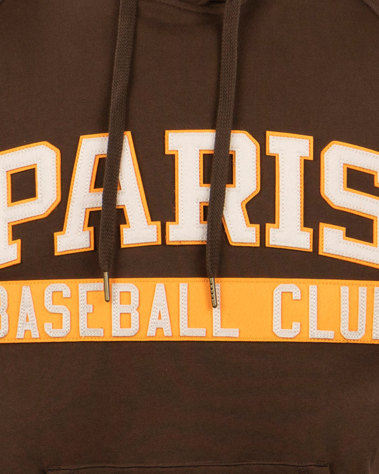 Close-up of the Paris Red Peppers French Terry Script Hooded Sweatshirt by EFF, featuring bold white and yellow PARIS BASEBALL CLUB lettering across the chest, inspired by vintage St. Louis Browns style.