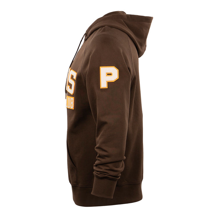 Side view of the EFF Paris Red Peppers French Terry Script Hooded Sweatshirt in brown, featuring a hood, ribbed cuffs, and a yellow P patch on the upper left sleeve; front letters and details are partially visible.
