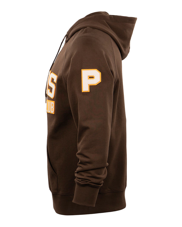 Side view of the EFF Paris Red Peppers French Terry Script Hooded Sweatshirt in brown, featuring a hood, ribbed cuffs, and a yellow P patch on the upper left sleeve; front letters and details are partially visible.
