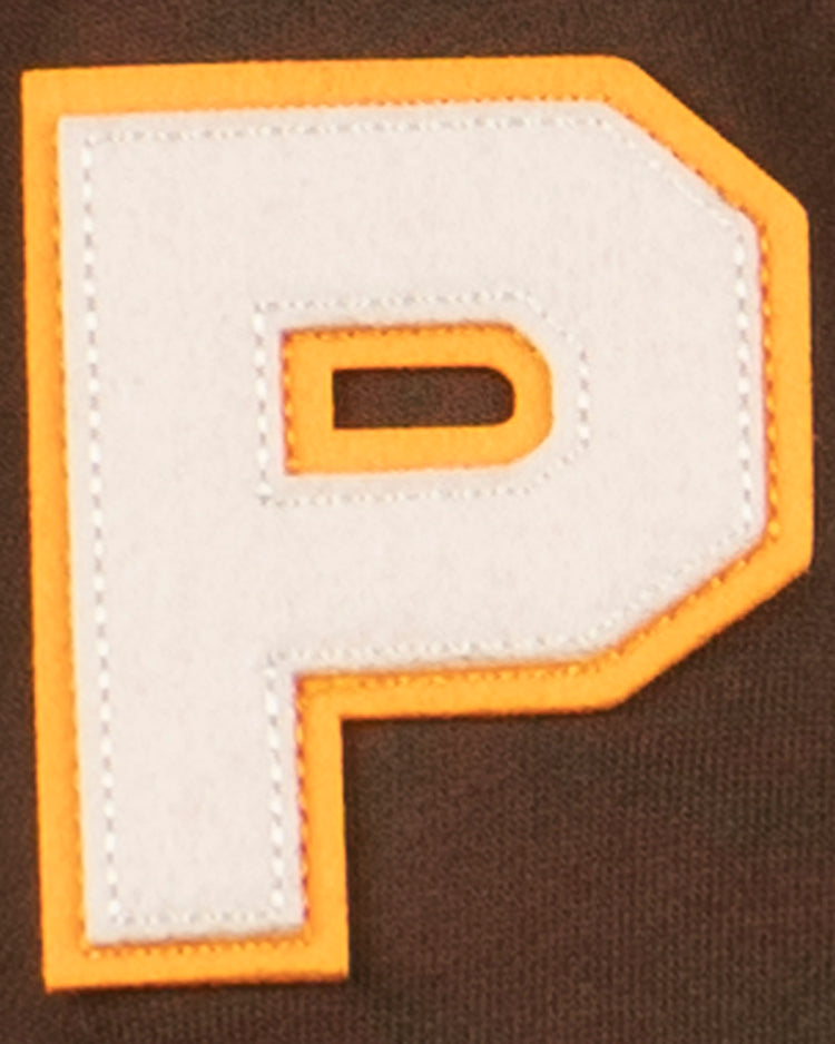 The EFF Paris Red Peppers French Terry Script Hooded Sweatshirt features a large white letter P patch with an orange border sewn onto dark brown fabric, evoking vintage baseball style.