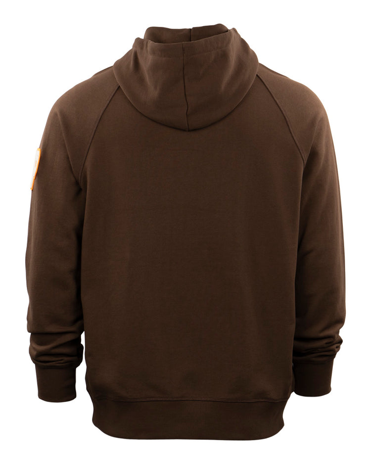 The EFF Paris Red Peppers French Terry Script Hooded Sweatshirt features a plain brown design with long sleeves and a small orange patch on the upper left sleeve, offering subtle, Paris Texas-inspired style.