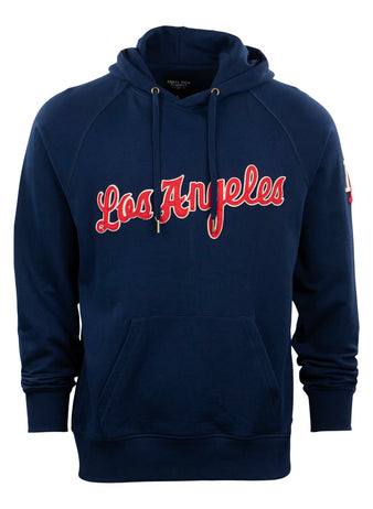 The EFF Los Angeles (PCL) French Terry Script Hooded Sweatshirt features a navy blue design with Los Angeles in red and white script, a front pocket, and drawstring hood, inspired by the Angels’ 1942 playoff spirit.