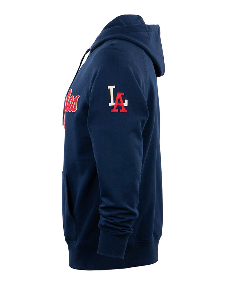 The EFF Los Angeles (PCL) French Terry Script Hooded Sweatshirt in navy features a side view, front pocket, white drawstrings, and LA in red and white on the sleeve—honoring the Angels’ 1942 PCL playoffs era.