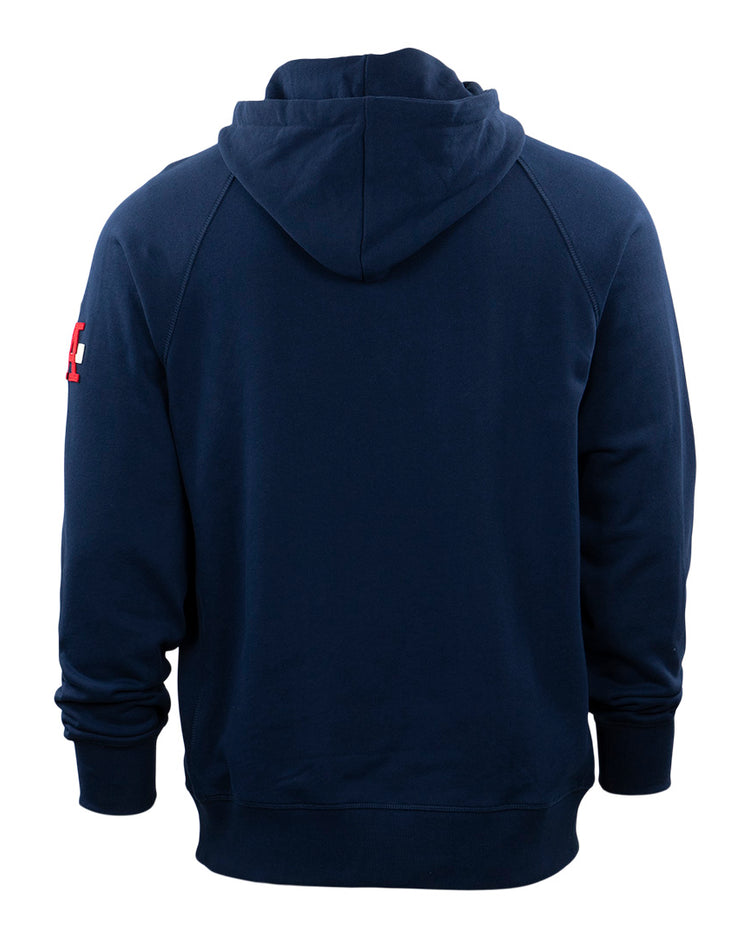 The EFF Los Angeles (PCL) French Terry Script Hooded Sweatshirt in navy features a small red and white left sleeve patch honoring the 1942 PCL playoffs and Angels Eddie Waitkus, finished with long sleeves, ribbed cuffs, and hem.