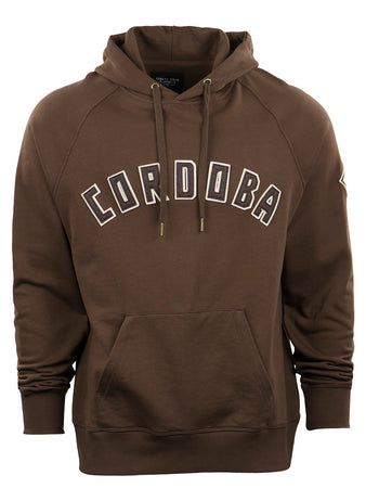 The EFF Cordoba Cafeteros French Terry Script Hooded Sweatshirt is a brown hoodie with CORDOBA in large white letters, inspired by Mexican baseball. Features a front kangaroo pocket and drawstrings.