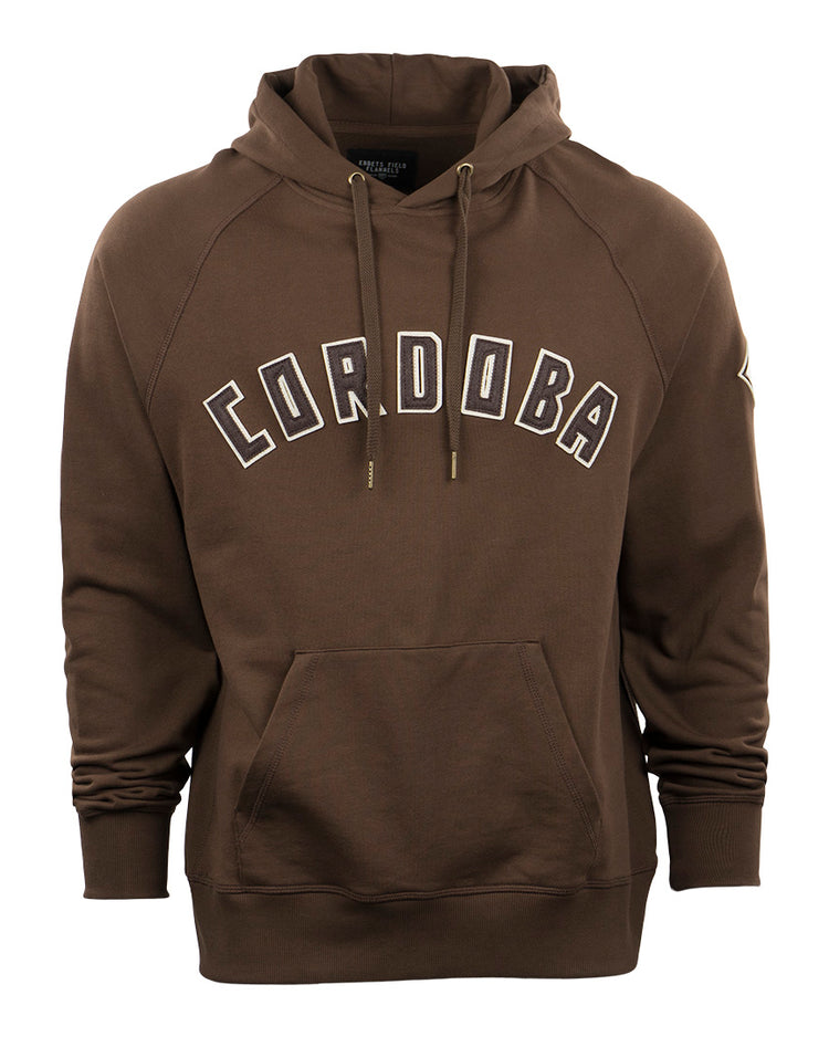 The EFF Cordoba Cafeteros French Terry Script Hooded Sweatshirt is a brown hoodie with CORDOBA in large white letters, inspired by Mexican baseball. Features a front kangaroo pocket and drawstrings.