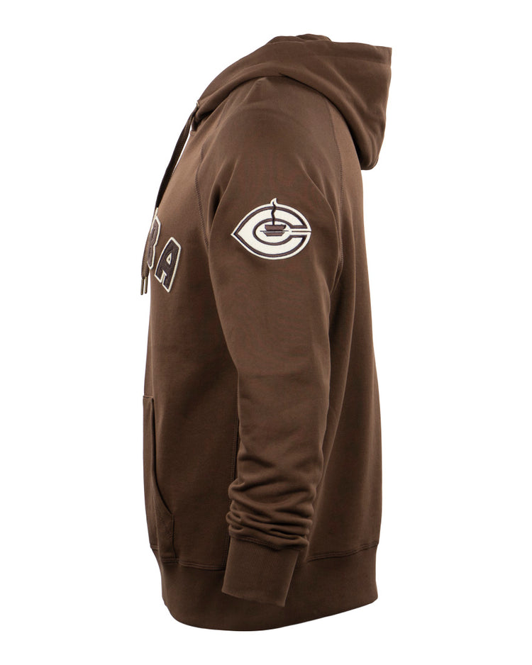 The EFF Cordoba Cafeteros French Terry Script Hooded Sweatshirt in brown is shown from the side, featuring a front pocket, partial ORA chest text, and a stylized eye logo patch on the sleeve inspired by Cafeteros legend Jorge Pasquel.