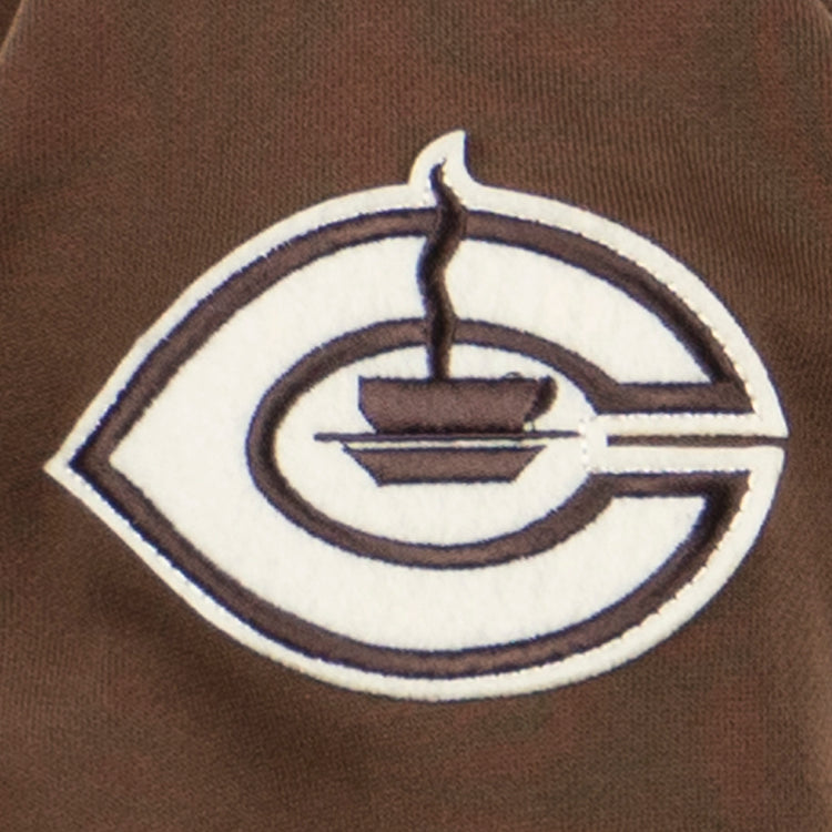 The EFF Cordoba Cafeteros French Terry Script Hooded Sweatshirt showcases a brown and white embroidered patch with a stylized C and steaming soup bowl, honoring Mexican baseballs legacy. Brown fabric provides the perfect backdrop.