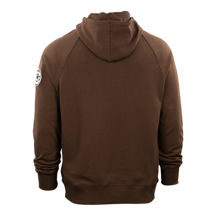 The EFF Cordoba Cafeteros French Terry Script Hooded Sweatshirt features a brown, relaxed fit with long sleeves, ribbed cuffs, and a logo patch on the upper left arm—a tribute to Jorge Pasquel and the legendary Mexican baseball team.