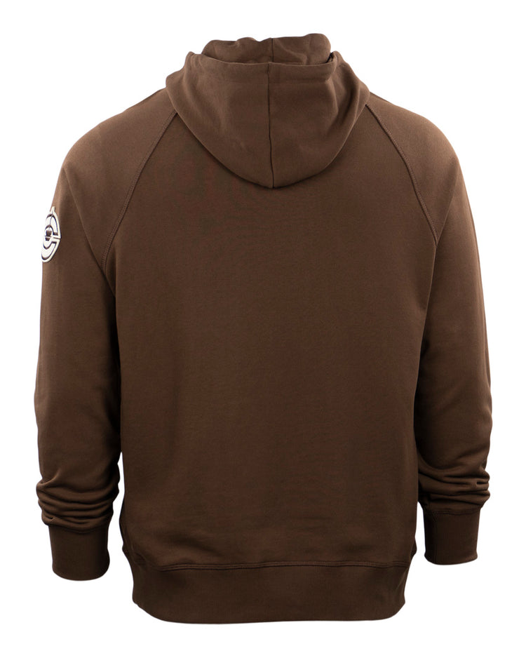 The EFF Cordoba Cafeteros French Terry Script Hooded Sweatshirt features a brown, relaxed fit with long sleeves, ribbed cuffs, and a logo patch on the upper left arm—a tribute to Jorge Pasquel and the legendary Mexican baseball team.