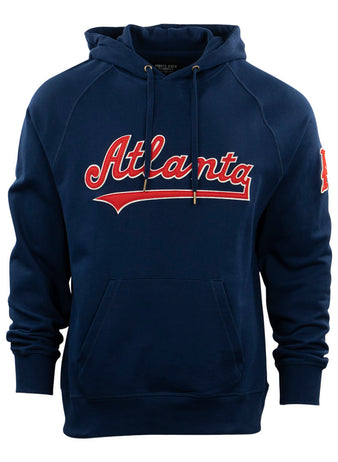 The EFF Atlanta Crackers French Terry Script Hooded Sweatshirt features red and white script across the chest, inspired by the Southern Association era, in navy blue with a front kangaroo pocket.