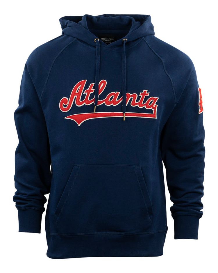 The EFF Atlanta Crackers French Terry Script Hooded Sweatshirt features red and white script across the chest, inspired by the Southern Association era, in navy blue with a front kangaroo pocket.