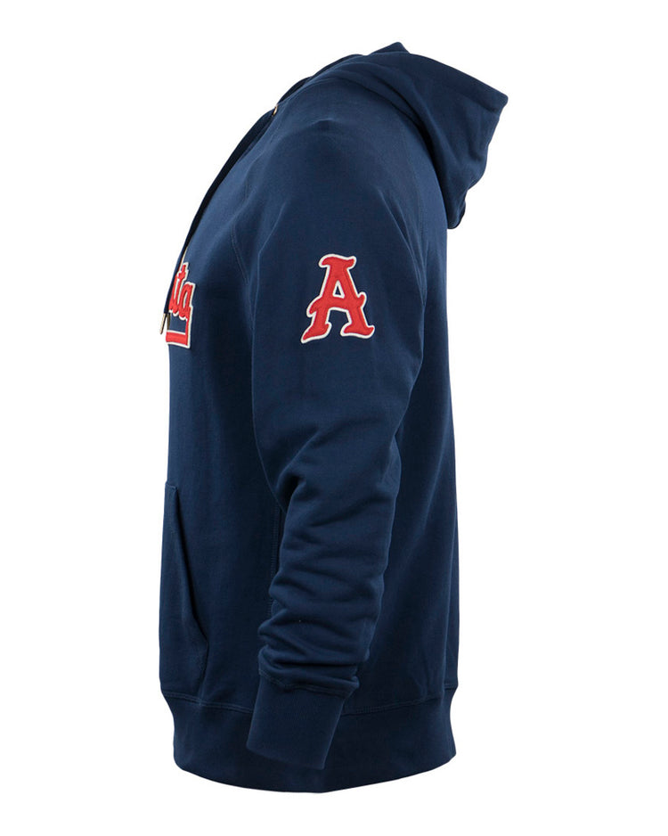 The EFF Atlanta Crackers French Terry Script Hooded Sweatshirt in navy features a red A patch on the upper sleeve—a tribute to the Atlanta Crackers—and a partial script logo on the chest, shown from a side view.