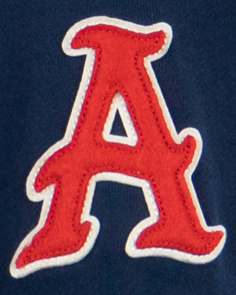 The EFF Atlanta Crackers French Terry Script Hooded Sweatshirt features a large red letter A with a white outline, stitched on a dark blue fabric, echoing the team’s classic style.