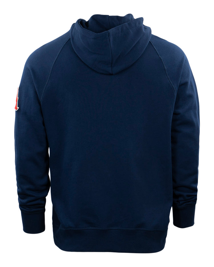 The Atlanta Crackers French Terry Script Hooded Sweatshirt by EFF is a navy blue hoodie with long sleeves and a small red and white Atlanta Crackers patch on the upper left arm. The back is plain, referencing classic Southern Association style.