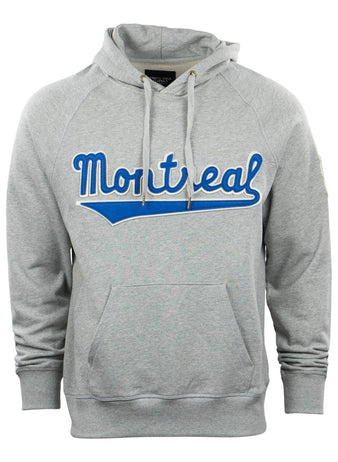 The EFF Montreal Royals French Terry Script Hooded Sweatshirt is light gray with a front pocket and bold blue and white Montreal script across the chest, paying subtle homage to legends like Roberto Clemente.
