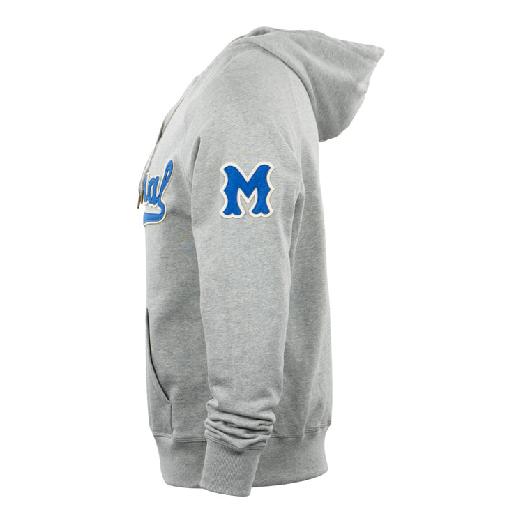 Side view of the light gray EFF Montreal Royals French Terry Script Hooded Sweatshirt, featuring a blue and white M patch on the left sleeve and a partial blue and white script logo on the chest, inspired by classic baseball style.