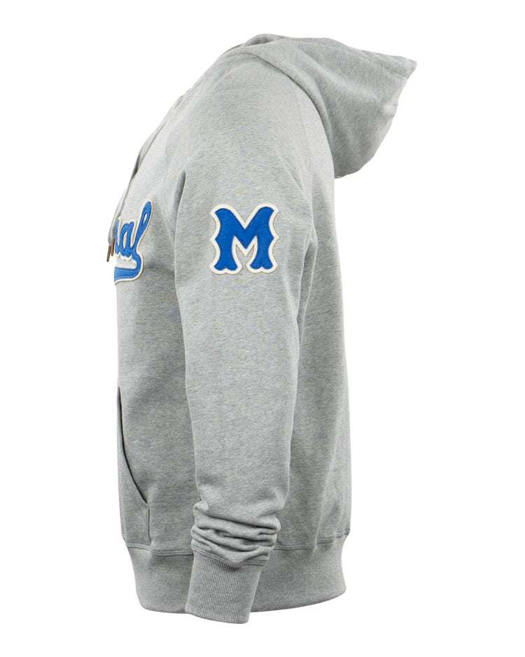 Side view of the light gray EFF Montreal Royals French Terry Script Hooded Sweatshirt, featuring a blue and white M patch on the left sleeve and a partial blue and white script logo on the chest, inspired by classic baseball style.