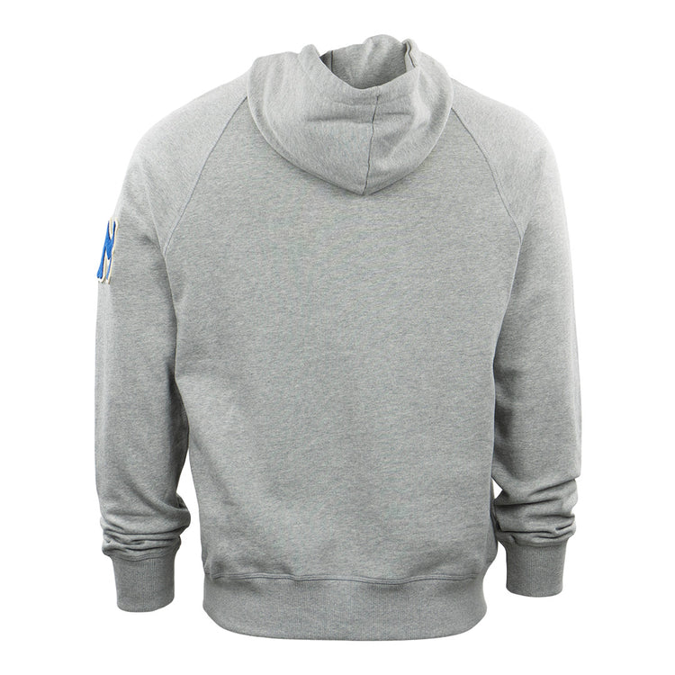 EFF Montreal Royals French Terry Script Hooded Sweatshirt in gray, shown from the back with long sleeves and ribbed cuffs and hem. A small blue and white patch on the upper left sleeve pays tribute to baseball great Roberto Clemente.