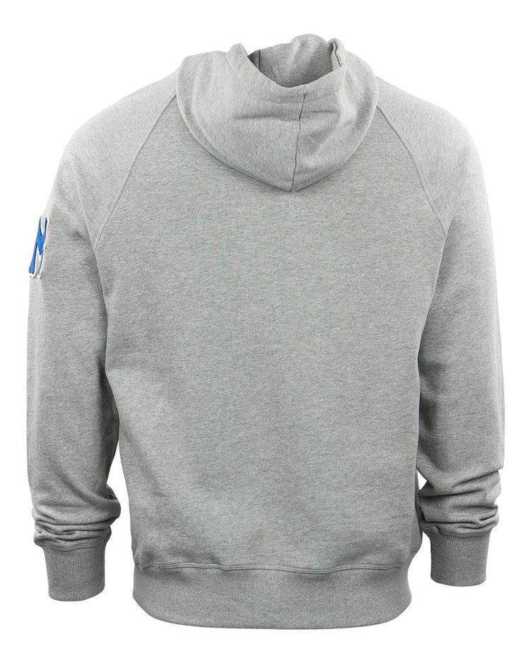 EFF Montreal Royals French Terry Script Hooded Sweatshirt in gray, shown from the back with long sleeves and ribbed cuffs and hem. A small blue and white patch on the upper left sleeve pays tribute to baseball great Roberto Clemente.