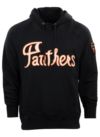 The EFF Montreal Black Panthers French Terry Script Hooded Sweatshirt features “Panthers” in orange and white script, a panther head logo on the sleeve, front pocket, and drawstrings—honoring Black Panthers in Quebec baseball.