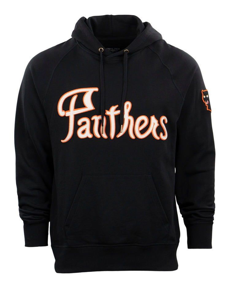 The EFF Montreal Black Panthers French Terry Script Hooded Sweatshirt features “Panthers” in orange and white script, a panther head logo on the sleeve, front pocket, and drawstrings—honoring Black Panthers in Quebec baseball.