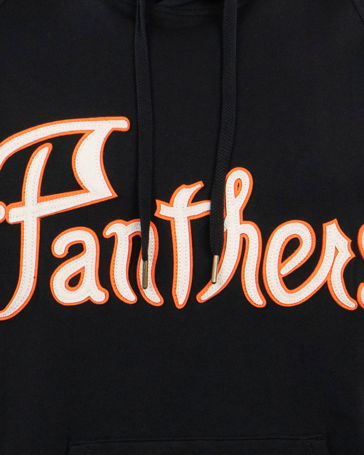 The EFF Montreal Black Panthers French Terry Script Hooded Sweatshirt features “Panthers” in bold orange and white script on the chest, with two black drawstrings and a design inspired by iconic African-American baseball players.