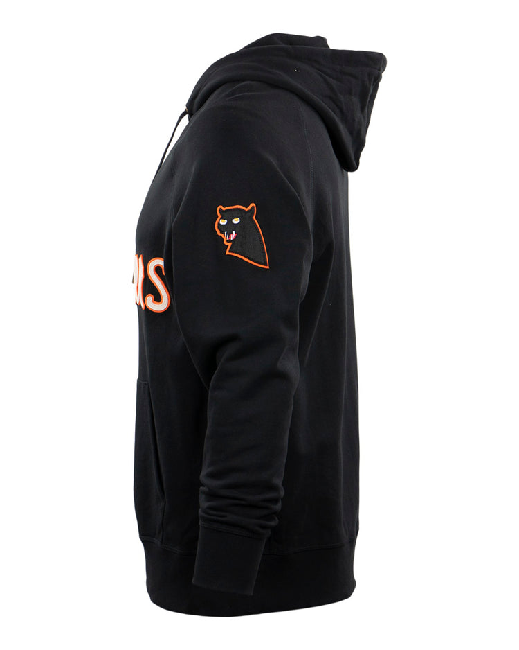 Side view of the EFF Montreal Black Panthers French Terry Script Hooded Sweatshirt in black, featuring an orange-outlined panther head on the upper sleeve and partial orange script lettering on the chest.