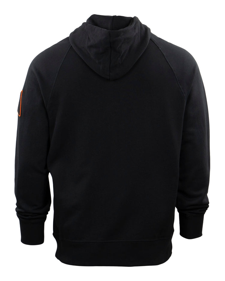 The EFF Montreal Black Panthers French Terry Script Hooded Sweatshirt is black with long sleeves, ribbed cuffs, and a Quebec Provincial League patch on the upper left sleeve.