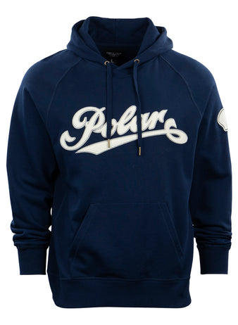The EFF Cerveceria Polar French Terry Script Hooded Sweatshirt is a navy blue hoodie with a front pocket, white Polar script on the chest, drawstring hood, and a small white patch on the left sleeve.