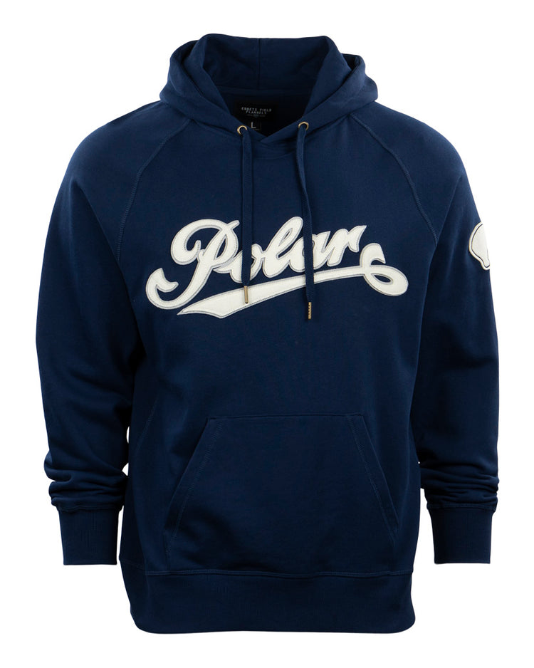 The EFF Cerveceria Polar French Terry Script Hooded Sweatshirt is a navy blue hoodie with a front pocket, white Polar script on the chest, drawstring hood, and a small white patch on the left sleeve.