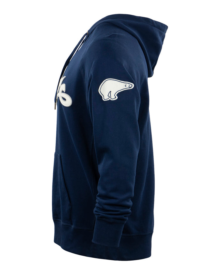 The Cerveceria Polar French Terry Script Hooded Sweatshirt by EFF is a navy blue hoodie with a white chest logo, front pocket, drawstrings, and a Polar beer-inspired white polar bear patch on the upper arm.
