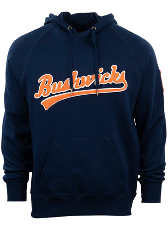 The EFF Brooklyn Bushwicks French Terry Script Hooded Sweatshirt is a navy hoodie with Bushwicks in orange and white script, inspired by the legendary New York baseball club. It features a front pocket and hood drawstrings.