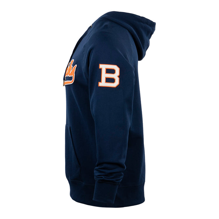 EFF Brooklyn Bushwicks French Terry Script Hooded Sweatshirt in navy features a front pocket, orange and white chest logo, and an orange letter B outlined in white on the left sleeve, inspired by the club’s semi-pro baseball heritage.