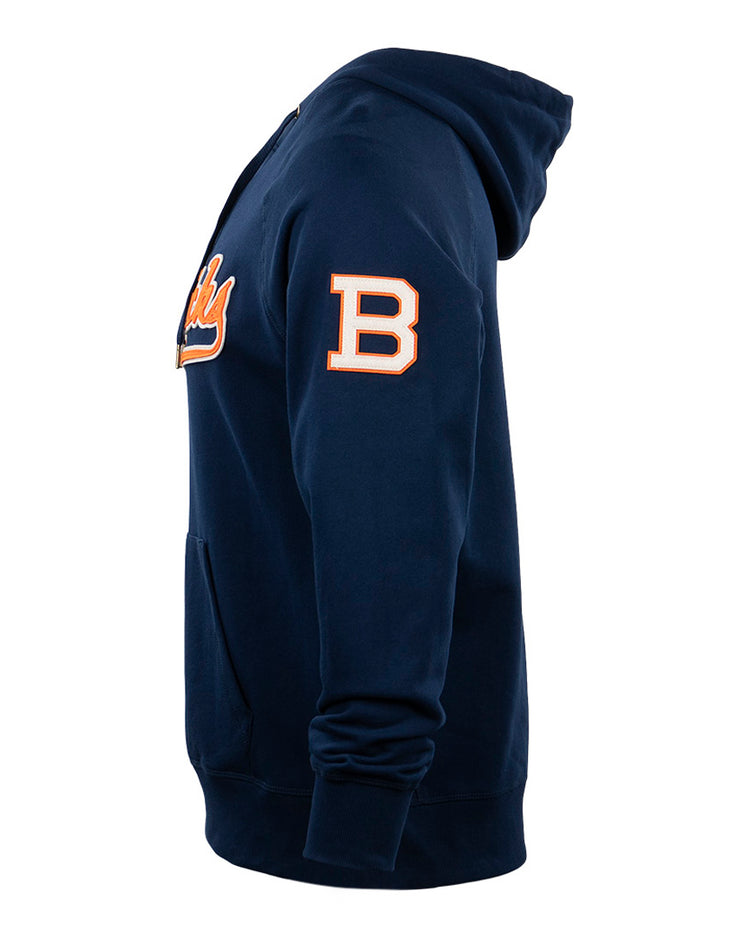 EFF Brooklyn Bushwicks French Terry Script Hooded Sweatshirt in navy features a front pocket, orange and white chest logo, and an orange letter B outlined in white on the left sleeve, inspired by the club’s semi-pro baseball heritage.