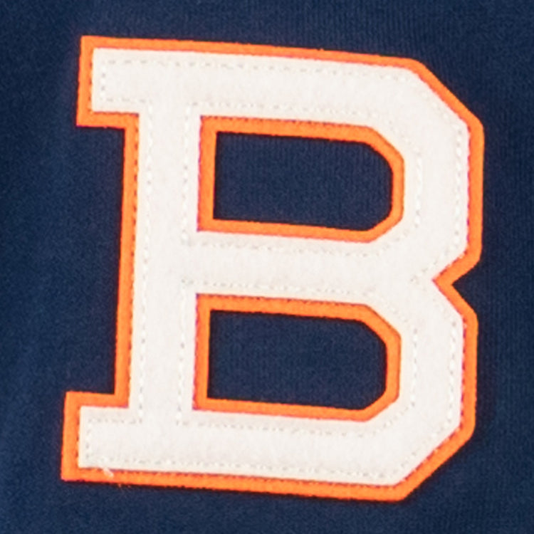 The EFF Brooklyn Bushwicks French Terry Script Hooded Sweatshirt features a large white letter B with an orange outline, inspired by the legendary New York semi-pro baseball club, sewn onto a dark blue background.