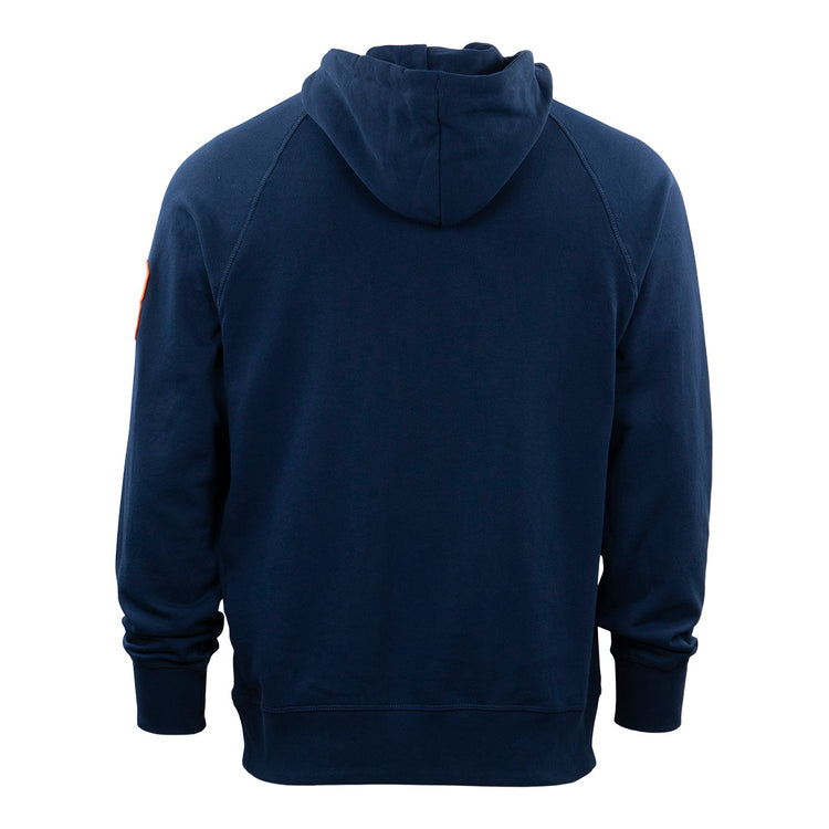 The EFF Brooklyn Bushwicks French Terry Script Hooded Sweatshirt is shown from the back in navy blue, with long sleeves, ribbed cuffs, and an orange patch on the left arm—ideal for New York baseball fans.