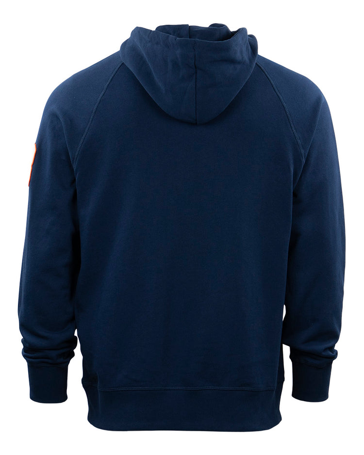 The EFF Brooklyn Bushwicks French Terry Script Hooded Sweatshirt is shown from the back in navy blue, with long sleeves, ribbed cuffs, and an orange patch on the left arm—ideal for New York baseball fans.